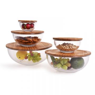 New arrival eco friendly 5 pcs glass salad bowl with bamboo lid