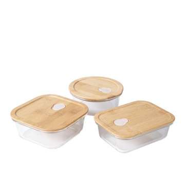 Microwave-safe food containers with bamboo lids, part of kitchenware and cookware sets,