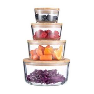 Glass food container with a bamboo lid, suitable for family use.